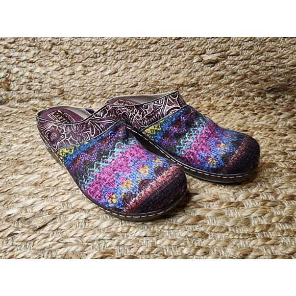 NEW L’Artiste Zigino Camel Multicolored Floral Leather Woven Slip-On Clogs Sz 37 - Picture 6 of 12